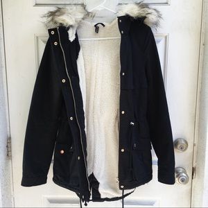 H&M Pile-lined Black Parka w/ Faux Fur